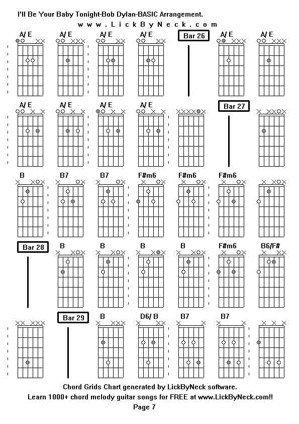 Chord Grids Chart of chord melody fingerstyle guitar song-I'll Be Your Baby Tonight-Bob Dylan-BASIC Arrangement,generated by LickByNeck software.